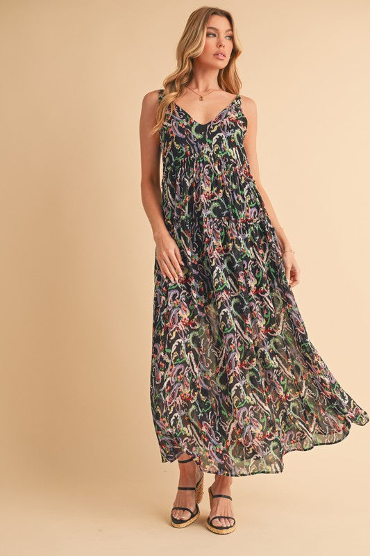 Printed V-Neck Frill Tiered Cami Dress