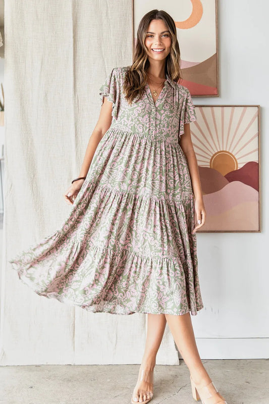 Abstract Print Ruffle Tier Midi Dress