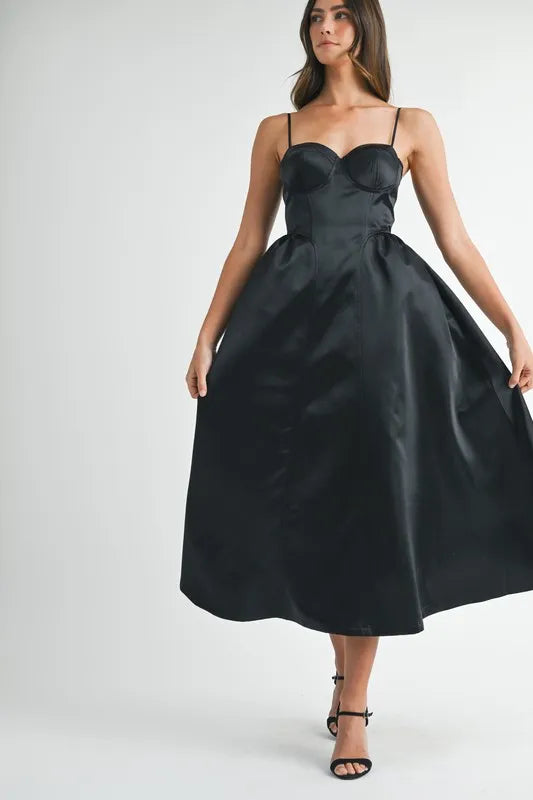 Solid Taffeta Spaghetti Strap Bustier Midi Dress