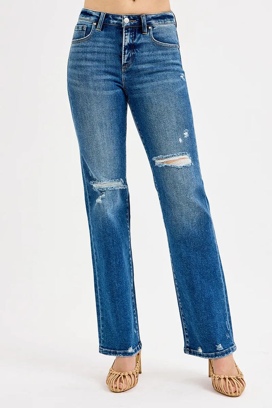 High Waist Curve Enhancing Straight Distressed Denim Jeans