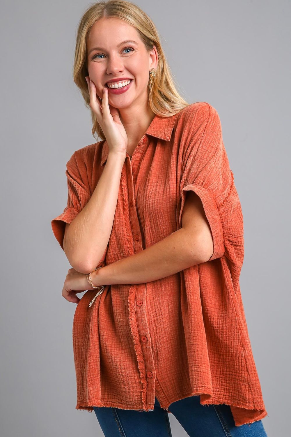 Full Size Cotton Gauze Mineral Wash Button Down Shirt Plus Size