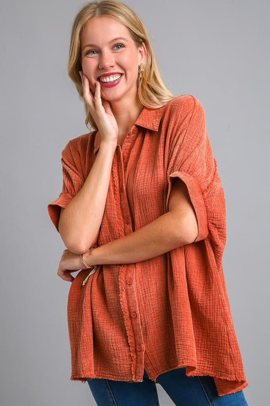 Full Size Cotton Gauze Mineral Wash Button Down Shirt Plus Size