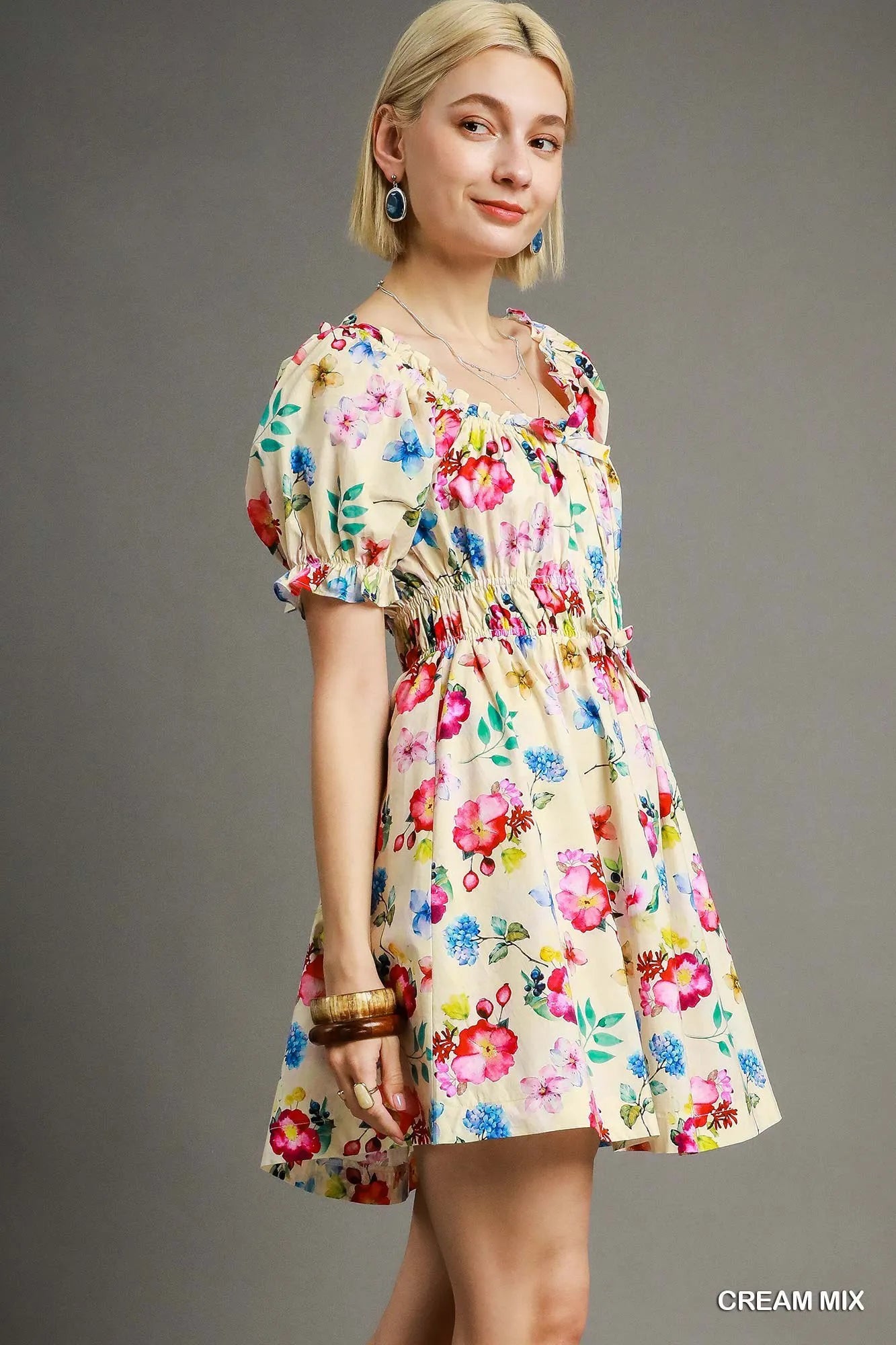 Off-Shoulder Floral Puff Sleeve Mini Dress