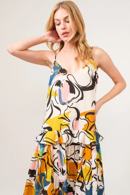Ruffled Abstract Floral Printed Midi Cami Dress