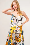 Ruffled Abstract Floral Printed Midi Cami Dress