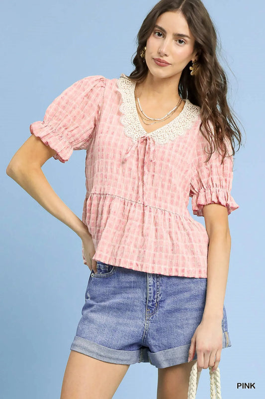 Gingham Lace Peplum Blouse with Puff Sleeves