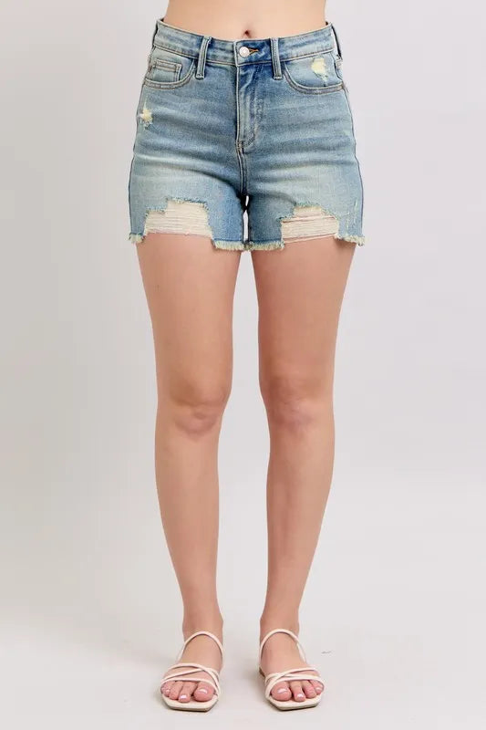 High Rise Washed Fly Stitch Detail and Destroy Denim Shorts