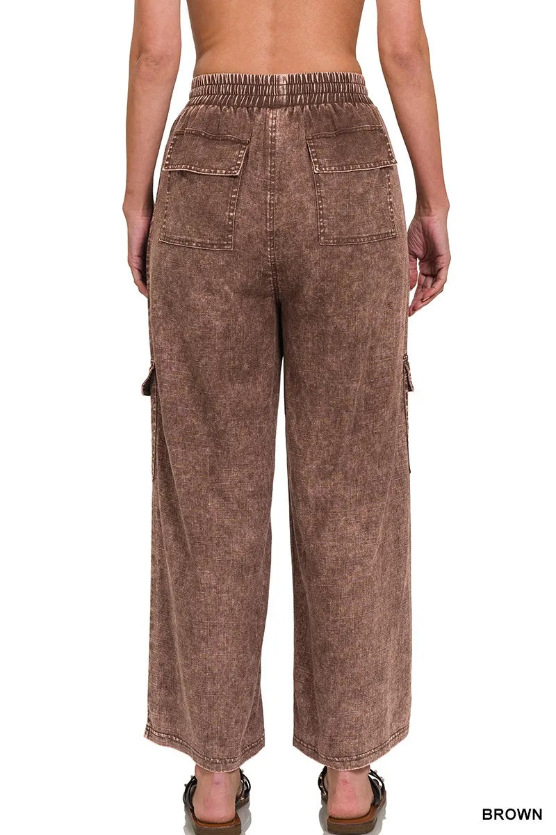 Washed Linen Elastic Band Waist Cargo Pants