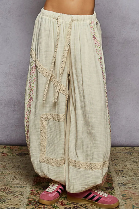 Embroidered Floral Joggers with Elegant Lace Detailing
