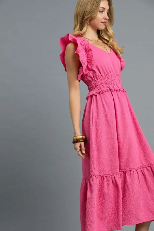 Ruffled Smocked Waist Midi Dress