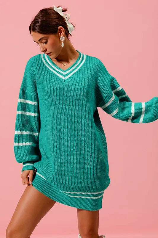 Loose V Neck Sweater Dress with Striped Sleeves