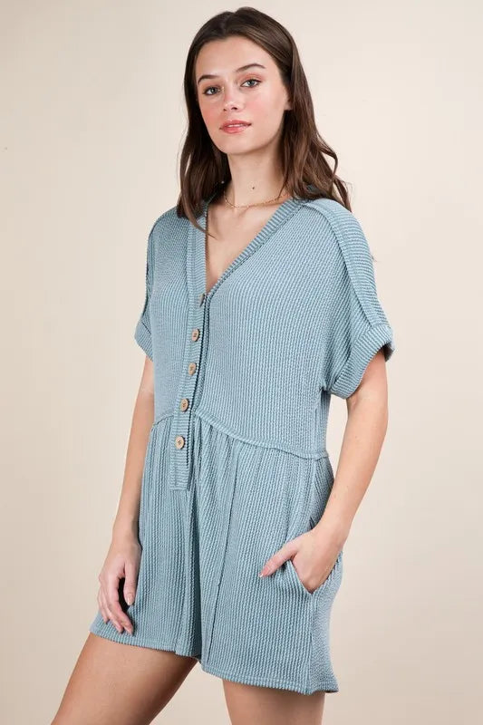 Two Tone Ribbed Knit Comfy Casual Romper