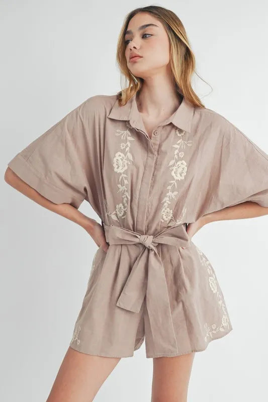 Embroidered Button Down Collared Neck Romper