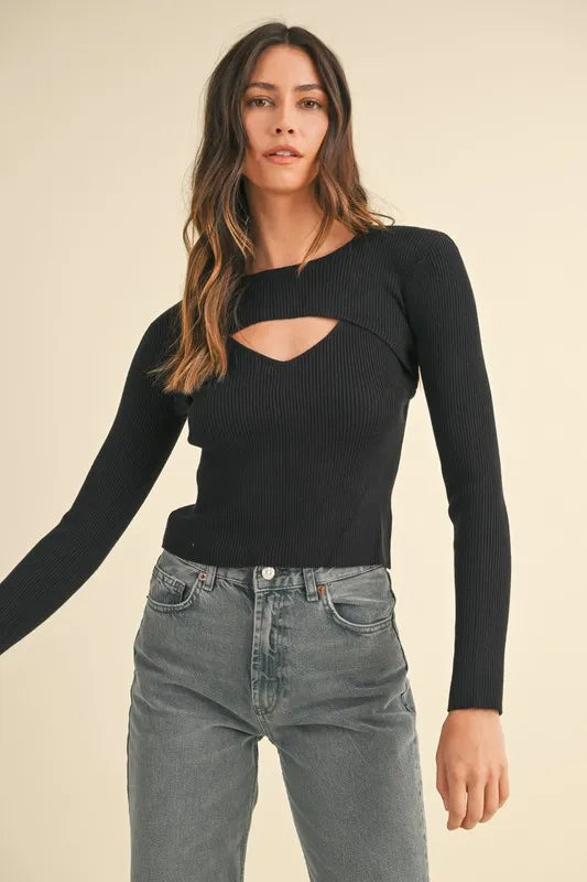 Cutout Long Sleeve Ribbed Knit Top
