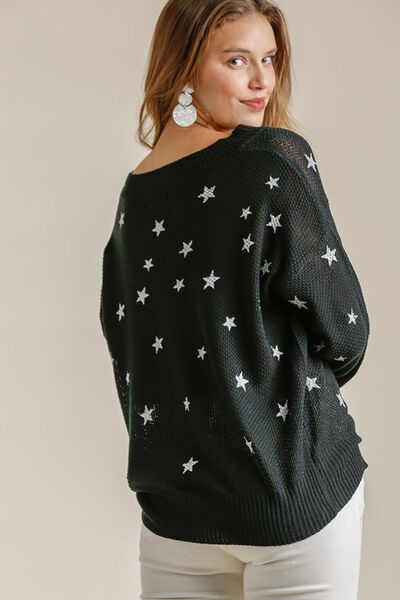 Full Size Star V-Neck Long Sleeve Sweater Plus Size