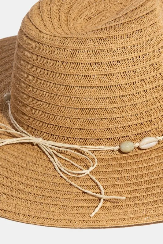 Seashell-Adorned Wide Brim Straw Hat