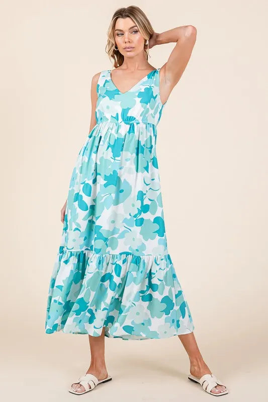 Sleeveless Floral Print V-Neck Midi Dress