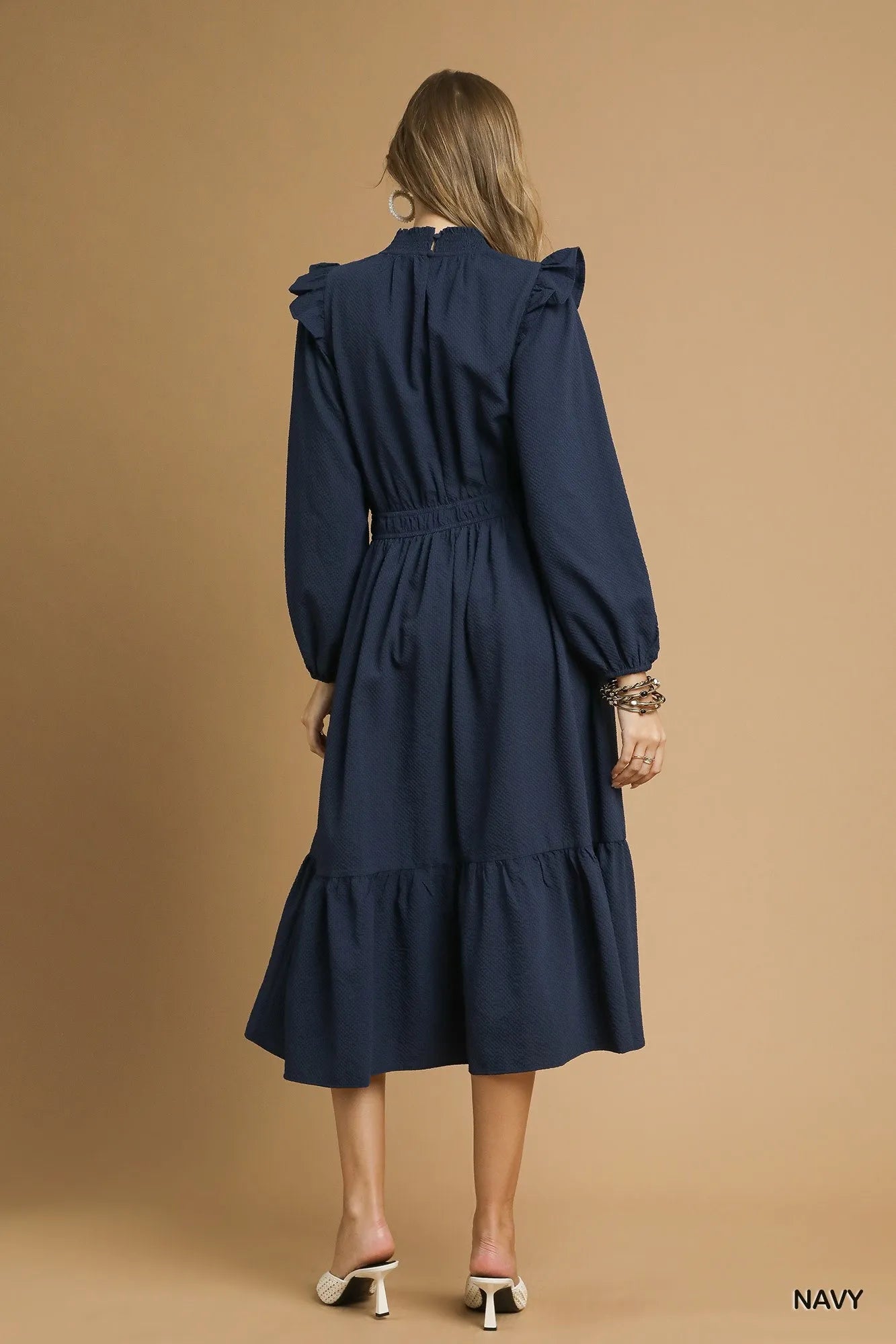 Ruffled Shoulder Midi Dress with Chic Textured Fabric