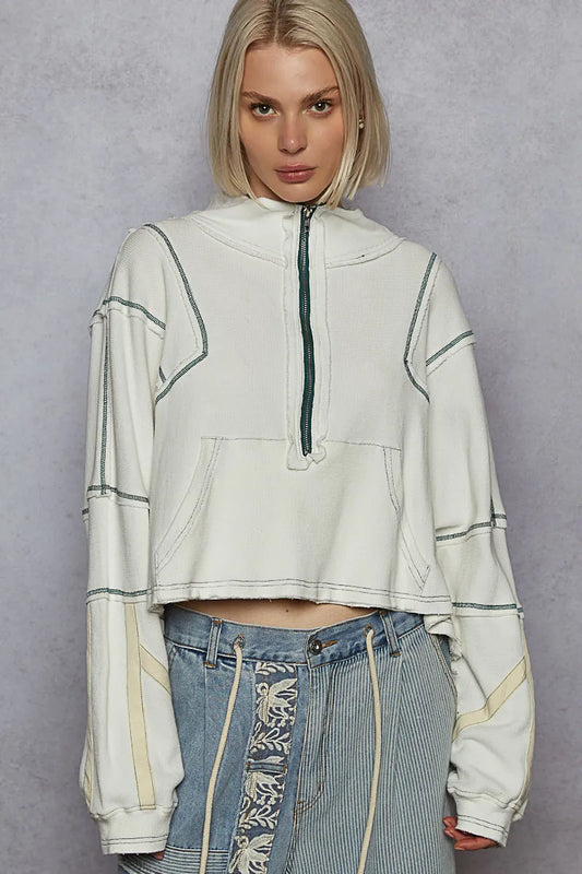 Reflective Piping Half-Zip Cropped Sweatshirt