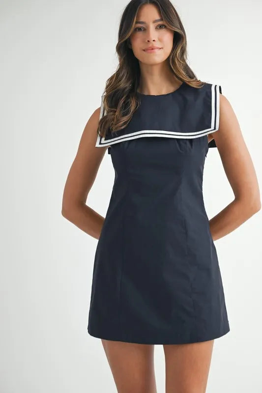 Contrast Piping Square Sailor Collar Mini Dress