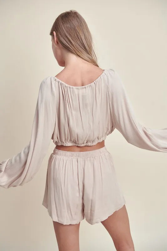 Gauze Long Sleeve Button Crop Top and Short Set
