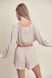 Gauze Long Sleeve Button Crop Top and Short Set