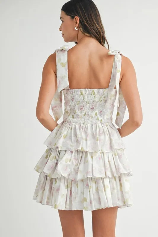 Floral Print Shoulder Tie Layered Mini Dress