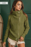 High-Neck Ribbed Zip-Up Sweater Jacket