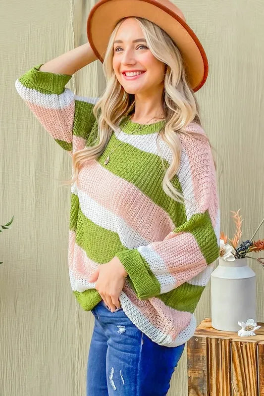 Multi Striped Mesh Pullover Spring Sweater