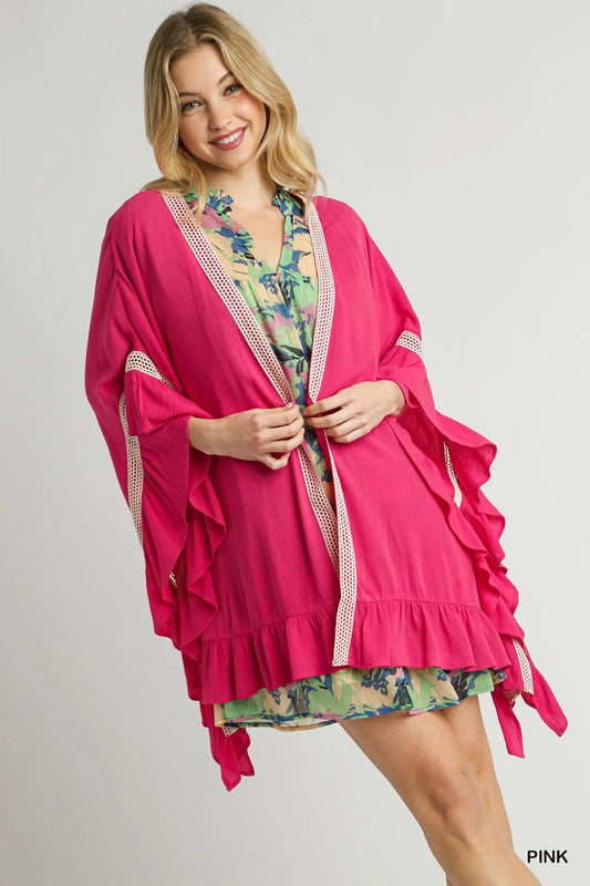 Crochet-Embellished Ruffle Kimono Topper