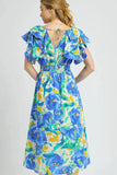 Botanical Ruffle Sleeve V-Neck Midi Dress