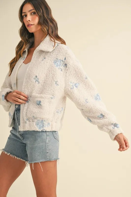Floral Embroidered Fleece Teddy Jacket