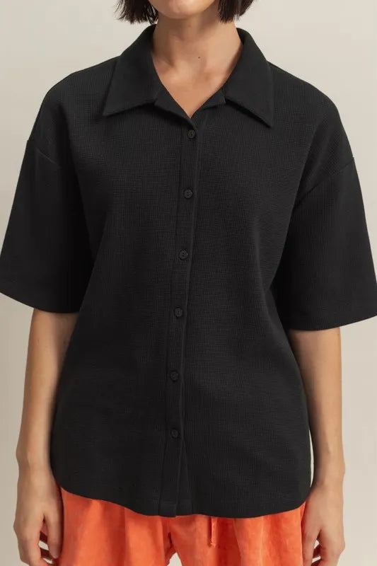  Collared Neck Button Down Waffle Shirt