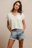Knit Solid Contrast Stitch Detail Short Sleeves Sweater