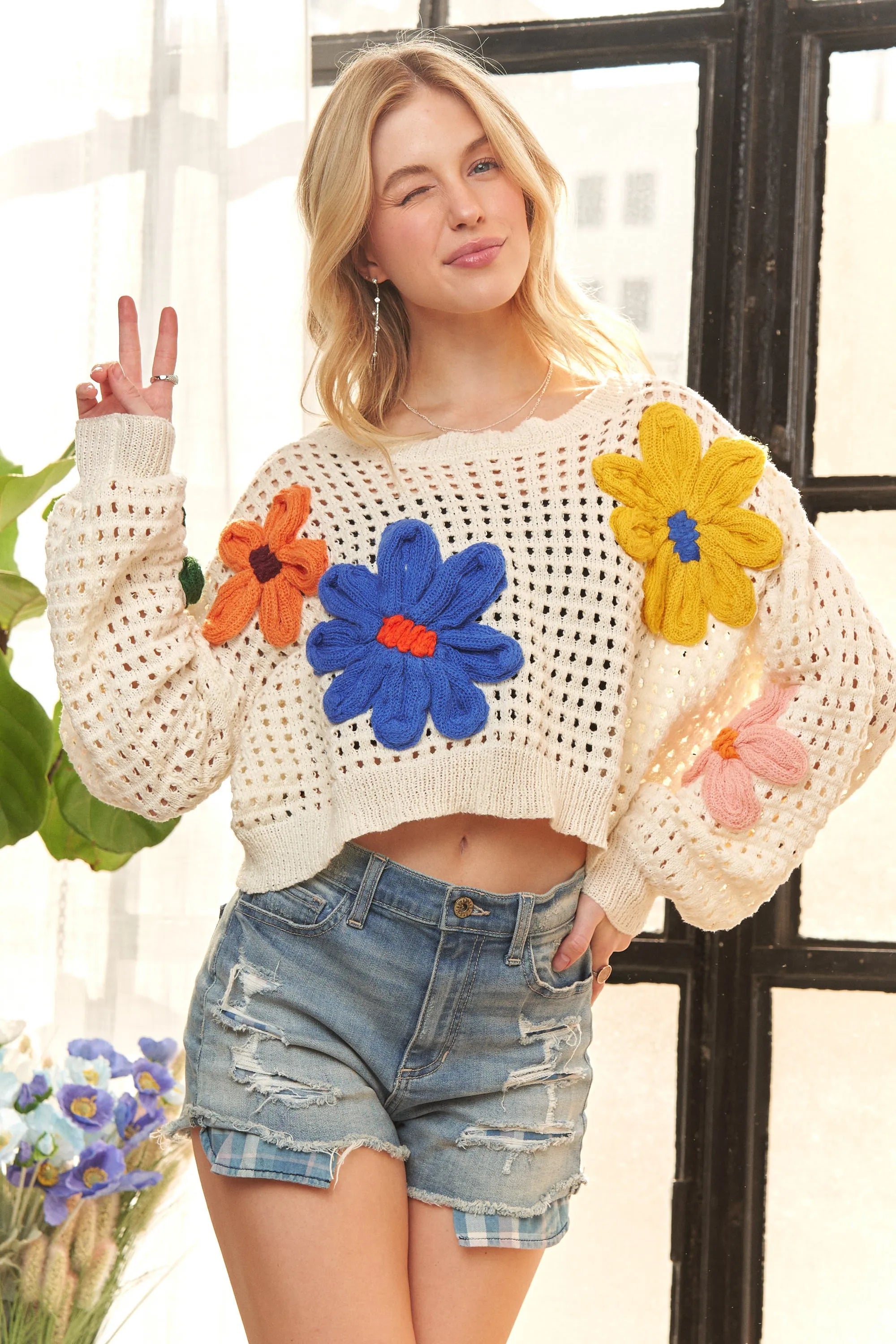 Floral Patch Sweater Crop Top