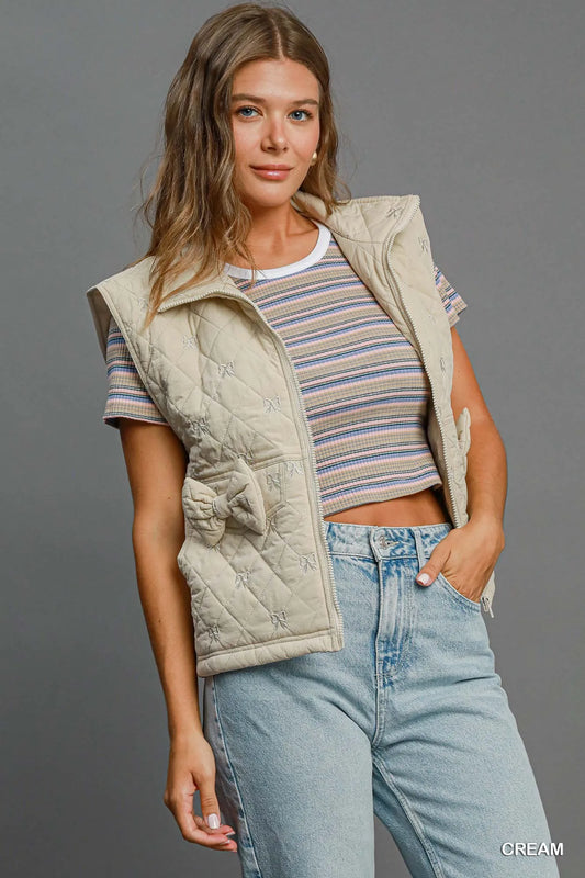 Quilted Vest Coat with Bow Accents