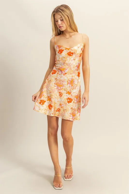 Floral Cowl Neck Flirty Satin Mini Dress