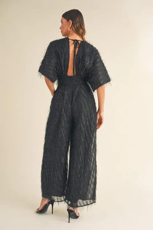 Fluffy Deep V Neck Wide Leg Jumpsuit