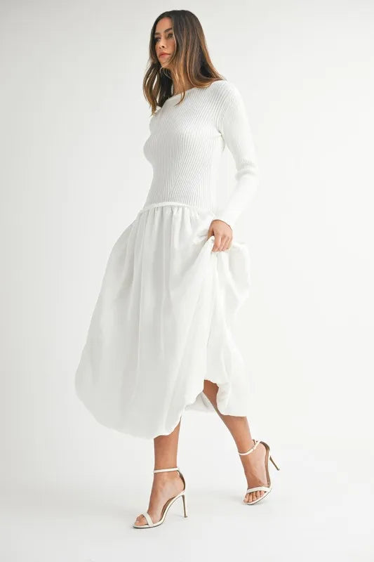 Ribbed Poplin Mix Midi Sweater Dress