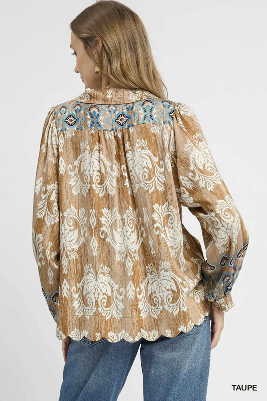 Scalloped Hem Floral Boho Blouse