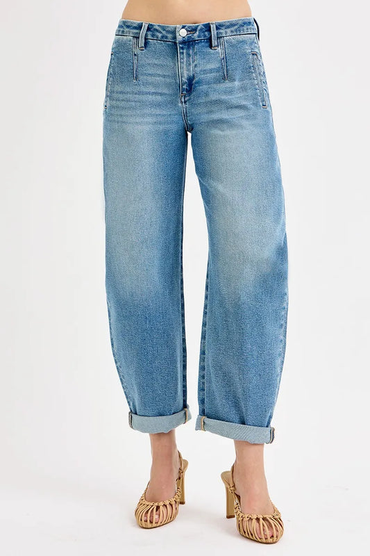 Full Size Mid Rise Barrel Roll Jeans
