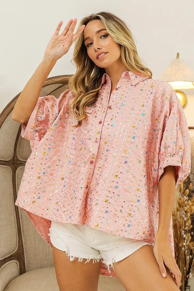 Sequin Striped Short Dolman Sleeve Blouse