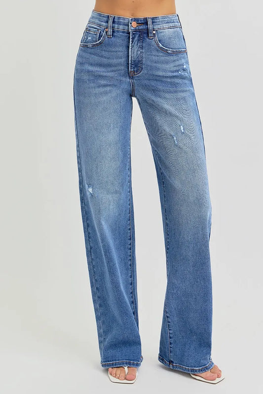 Full Length High Waisted Relaxed Fit Wide Leg Denim Jeans