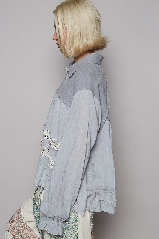 Floral Ruffle Accent Washed Buttoned Shirt Jacket