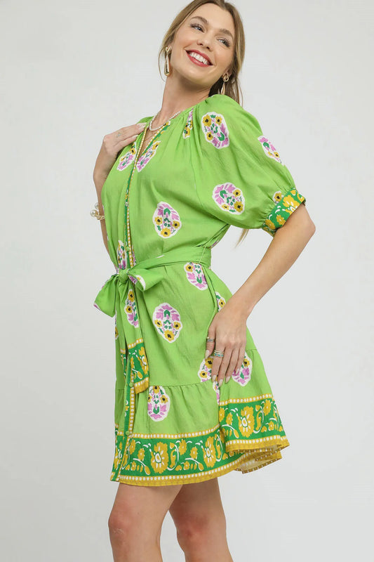 Boho Floral Belted Short Sleeve Shirt Dress