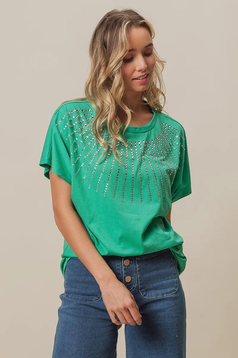 Rhinestone Beaded Short Sleeve Top