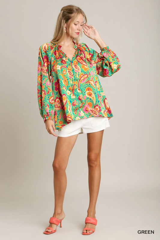 Ruffled Satin Paisley Neckline Button Down Shirt