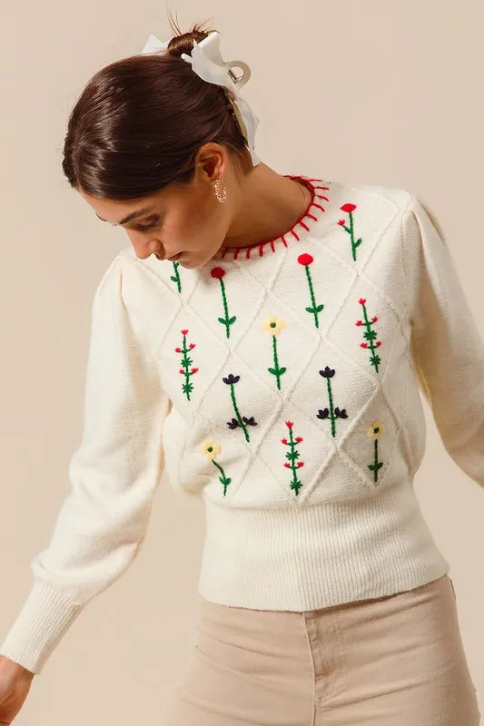 Small Flower Embroidered Sweater Top