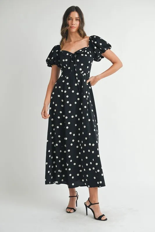Polka Dot Puff Sleeve Midi Dress