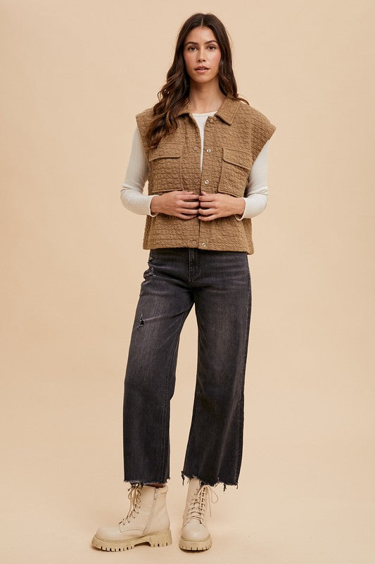 Puzzle Quilted Snap Down Vest Coat